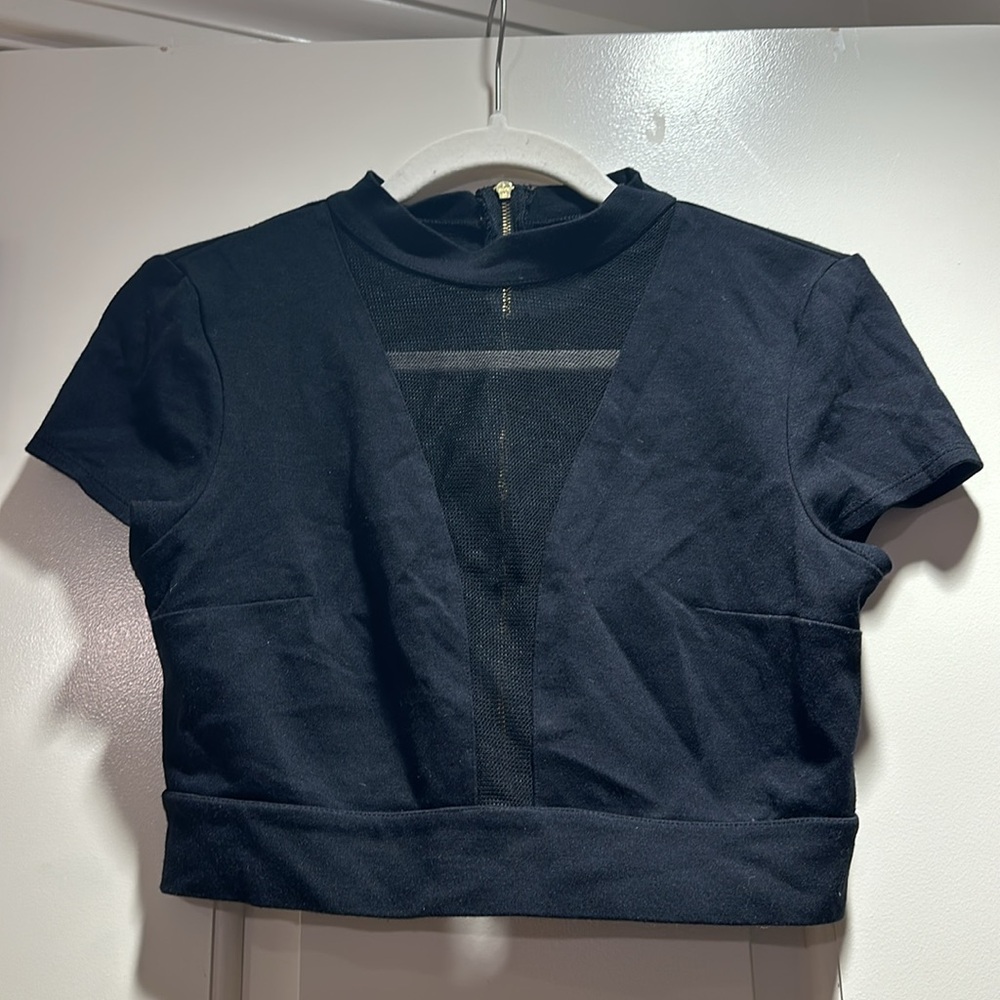 Express Size Small Black Crop Top with Mesh Front